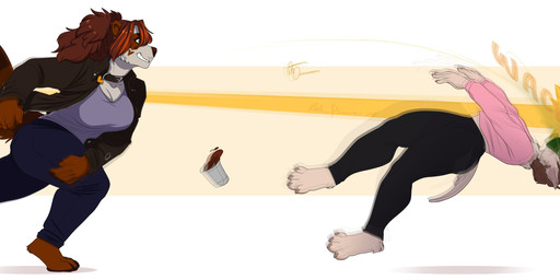 4_toes 5_fingers anthro barefoot breasts brown_body brown_fur brown_hair clothed clothing collar duo eyebrows eyelashes feet female fingers fur green_eyes hair head_hit money standing toes redpixie horsie shay_(redpixie) ailurid canid canine mammal red_panda absurd_res hi_res