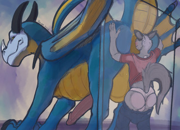 against_surface anal anal_penetration animal_genitalia animal_penis anthro anthro_on_feral anthro_penetrating anthro_penetrating_feral anus balls bestiality big_balls big_penis biped blue_body blush bottomwear bottomwear_down butt claws clothed clothing dominant duo erection feral feral_penetrated fur genitals grey_body grey_fur hand_on_butt huge_balls larger_dom larger_penetrated male male/male male_on_feral membrane_(anatomy) membranous_wings multicolored_body on_glass oral pants pants_down partially_clothed penetration penis quadruped sex size_difference snout_fuck snout_in_ass toe_claws two_tone_body wings yellow_body conditional_dnp teavern european_mythology mythology canid canine dragon mammal mythological_creature mythological_scalie scalie western_dragon 2026 digital_media_(artwork) hi_res