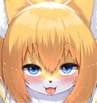 ahegao anthro blonde_hair blue_eyes blush bodily_fluids cute_fangs fangs female female_anthro fluffy fur hair half-closed_eyes inner_ear_fluff kemono looking_at_viewer looking_pleasured narrowed_eyes naughty_face neck_tuft saliva solo teeth tongue tongue_out tuft white_body white_fur yellow_body yellow_fur horokusa0519 kubrick_stare fox_next_door_(horokusa) canid canine fox mammal 2023 cropped digital_media_(artwork) icon