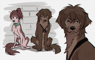 black_nose brown_body brown_fur brown_hair camera chest_tuft collar duo female feral feral_with_hair floppy_ears fur green_collar hair looking_at_another looking_at_viewer male ponytail sad short_hair simple_background sitting snout tail tan_body tan_fur tuft azzai stranger_things jonathan_byers nancy_wheeler canid canine canis domestic_dog mammal colored colored_sketch digital_drawing_(artwork) digital_media_(artwork) shaded sketch
