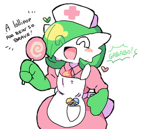 ^_^ candy dessert eyes_closed female food hair hair_over_eye heart_symbol humanoid_pointy_ears lollipop nurse open_mouth open_smile pointy_ears simple_background smile solo white_background melfunnysmell nintendo pokemon gaba_(melfunnysmell) gardevoir generation_3_pokemon humanoid pokemon_(species)