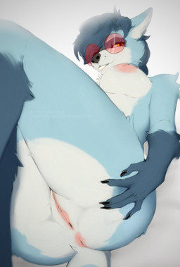 animal_ears anthro anus areola big_breasts biped blue_body breasts butt eyewear female fur genitals looking_at_viewer multicolored_body nipples nude pupils smile solo sunglasses thick_thighs vulva white_body ququqee399e canid canine mammal absurd_res hi_res