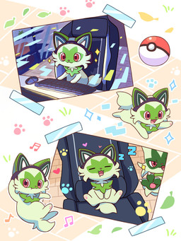 ambiguous_gender anthro claws computer_keyboard computer_mouse duo eyes_closed fangs feral footprint fur gaming_chair green_body green_fur happy keyboard leaf musical_symbol open_mouth pawpads pawprint paws pink_eyes pokeball sleeping solo sound_effects sparkles symbol tail teeth tongue vowelless vowelless_sound_effect zzz nekogyo122 nintendo pokemon felid feline floragato generation_9_pokemon mammal pokemon_(species) sprigatito 2025 3:4 absurd_res hi_res