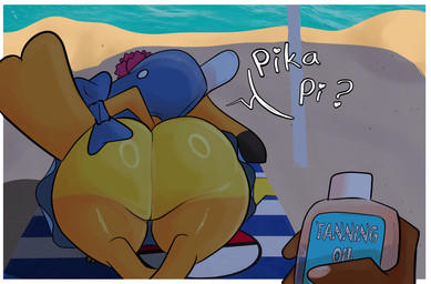 accessory beach_towel beach_umbrella big_butt black_ears blue_clothing blue_hat blue_headwear bow_ribbon brown_body brown_skin butt clothing dark_body dark_skin dipstick_ears duo ear_markings ears_down female feral first_person_view fur furgonomics glistening glistening_butt hat headgear headwear heart_symbol holding_object huge_butt humanoid_hands long_tail lying multicolored_ears on_front parasol pivoted_ears pokemon_speak rear_view ribbons shadow solo_focus speech_bubble tail tail_accessory tail_bow tail_ribbon tanning_lotion text towel yellow_body yellow_ears yellow_fur yellow_tail synisterstrokes nintendo pokemon ms._wavychu generation_1_pokemon human humanoid mammal pikachu pokemon_(species) english_text hi_res