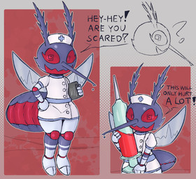 4_fingers abstract_background antennae_(anatomy) anthro arthropod_abdomen back_wings big_eyes black_body black_exoskeleton blood bodily_fluids border breasts clipboard clothed clothing dialogue exoskeleton eyelashes feet female fingers flying grey_border grey_outline hand_on_hip hat headgear headwear holding_clipboard holding_object holding_syringe insect_wings invertebrate_proboscis looking_at_viewer multicolored_body multicolored_exoskeleton nurse nurse_clothing nurse_hat nurse_headwear nurse_uniform open_mouth open_smile outline proboscis_(anatomy) question_mark red_body red_exoskeleton red_eyes shirt smile solo speech_bubble spiral spiral_eyes standing talking_to_viewer text thick_thighs toes topwear uniform white_body white_clothing white_exoskeleton white_shirt white_topwear wide_hips wings lizardfungus cc-by-nc-nd creative_commons arthropod fly_(animal) insect mosquito 2025 aliasing binary_drawing cel_shading digital_drawing_(artwork) digital_media_(artwork) english_text hi_res multiple_images shaded