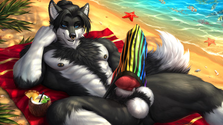 abs animal_genitalia animal_penis anthro areola athletic balls barbell_piercing barely_contained barely_contained_balls barely_contained_penis beach beach_towel beverage big_penis black_body black_fur black_lips black_nipples black_nose blue_eyes body_hair bulge canine_genitalia canine_penis claws clothed clothing coconut coconut_drink container cup detailed_background detailed_bulge dipstick_tail drupe_(fruit) ear_piercing erection erection_under_jockstrap erection_under_underwear exhibitionism eyebrows facial_piercing finger_claws fist fluffy fluffy_balls fluffy_chest food frenum_ladder frenum_piercing fruit fur genital_outline genital_piercing genitals hair hair_bun happy_trail industrial_piercing jockstrap jockstrap_only knot knot_under_clothing ladder_piercing leaf light lips looking_at_viewer lying male markings mostly_nude multicolored_clothing multicolored_underwear muscular muscular_male nipples nose_piercing on_back on_ground outside pecs penis penis_outline penis_piercing piercing plant pose pubes public pupils rainbow_clothing rainbow_jockstrap rainbow_underwear sand sea seaside septum_piercing sheath smile solo sunlight sunny tail tail_markings teeth tenting tight_jockstrap tight_underwear topless towel underwear underwear_only water whiskers white_body white_fur clockhands tarball ambient_fish ambient_sealife ambient_starfish canid canine canis mammal wolf 2026 digital_drawing_(artwork) digital_media_(artwork) hi_res widescreen