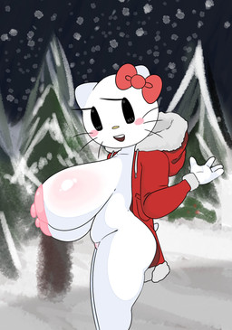 anthro areola black_eyes blush blush_stickers clothing coat evergreen_tree eyelashes female genitals long_eyelashes looking_at_viewer mostly_nude nipples open_mouth open_smile outdoor_nudity pine_tree pink_areola pink_nipples pink_vulva plant red_bow red_clothing red_coat red_topwear smile snow snowing solo topwear tree vulva whiskers white_body winter yellow_nose savagensfw hello_kitty_(series) sanrio hello_kitty_(character) domestic_cat felid feline felis mammal absurd_res english_description hi_res shaded