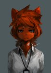 anthro band-aid bandage blue_eyes clothed clothing female front_view fur grey_background grey_dress_shirt grey_eyes hair half-closed_eyes id_card looking_at_viewer narrowed_eyes orange_body orange_fur orange_hair simple_background solo panzery25 asper_(panzery25) canid canine fox mammal 2018 bust_portrait hi_res portrait signature