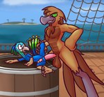 4_fingers abs adult_on_young age_difference anal anal_penetration anthro anthro_on_anthro anthro_penetrated anthro_penetrating anthro_penetrating_anthro balls barrel big_balls big_penis black_eyes blue_balls blue_body blue_feathers bouncing_balls brown_body brown_feathers claws digitigrade duo erection feathers feet finger_claws fingers fluffy fluffy_chest genitals glans green_body green_feathers green_sclera half-closed_eyes hand_on_hip humanoid_genitalia humanoid_penis island larger_anthro larger_male leg_glider_position looking_at_another looking_back looking_up male male/male male_penetrated male_penetrating male_penetrating_male muscular muscular_anthro muscular_male narrowed_eyes older_anthro older_male open_mouth orange_body orange_eyes orange_feathers penetration penis pink_glans pink_penis questionable_consent raised_leg sea sex ship size_difference smaller_anthro smaller_male smaller_penetrated tail tail_feathers talons toe_claws toes vehicle water watercraft young young_anthro young_male younger_anthro younger_male younger_penetrated ultilix windborn rugyam_(windborn) avian bird galliform peafowl phasianid 2025