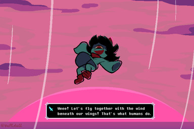 1_eye black_hair blue_body blue_skin bottomless butt clothed clothing clothing_lift dress dress_lift female flower flying hair oversized_clothing oversized_sleeves oversized_topwear plant sleeves_past_wrists smile solo sunset text topwear updraft soff_dollr deltarune undertale_(series) aqua_(deltarune) elemental_creature elemental_humanoid flora_fauna flower_creature humanoid seven_flowers 3:2 english_text hi_res tagme