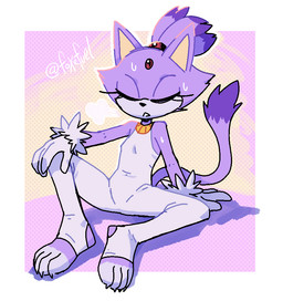 4_fingers 4_toes accessory anthro biped black_nose bodily_fluids border breath cheek_tuft claws clothed clothing dipstick_tail dotted_background eyes_closed facial_tuft feet female fingers forehead_gem fur gem gloves hair_accessory hair_tie hand_on_knee hand_on_leg handwear highlights_(coloring) markings pattern_background plantigrade purple_body purple_fur purple_highlights simple_background sitting solo spats stirrup_clothing sweat sweatdrop tail tail_markings toe_claws toeless_(marking) toes tuft unitard white_border fuel_(artist) sega sonic_the_hedgehog_(series) blaze_the_cat domestic_cat felid feline felis mammal 2025 signature