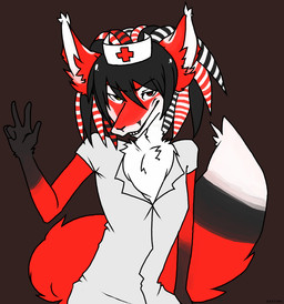 anthro black_body black_fur black_hair black_nose clothing cross ear_tuft fluffy fur hair headgear headwear looking_at_viewer male nurse pseudo_hair red_body red_fur red_tail simple_background smile solo tail teeth tentacle_hair tentacles tuft white_body white_fur nekoshota lapfox_trax renard_queenston canid canine fox mammal