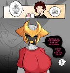 anthro big_breasts black_sclera breasts clothed clothing container cup dialogue duo female male narrowed_eyes red_eyes shirt speech_bubble teeth text topwear saltyxodium nintendo pokemon tina_(saltyxodium) volo_(pokemon) altered_forme_giratina generation_4_pokemon giratina human legendary_pokemon mammal pokemon_(species) 2023 comic english_text hi_res