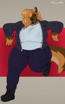 anthro big_breasts biting_on_toothpick breasts clothed clothing female hair huge_breasts looking_at_viewer simple_background solo thick_thighs toothpick jezzlen brownie_(thepinkjay5) canid canine canis domestic_dog mammal