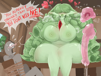 after_sex areola big_breasts big_hair big_penis blush blush_lines bodily_fluids breasts chair curly_hair dialogue female furniture genital_fluids genitals glistening glistening_body grabbing_partner green_areola green_hair green_nipples group hair hair_over_eyes hand_on_breast heart_symbol help_me huge_breasts huge_penis huge_thighs hyper hyper_genitalia hyper_penis inside larger_female leaking_precum lips male muscular muscular_arms nipples on_table penis plant precum precum_string questionable_consent restrained rope sitting sitting_on_table size_difference sparkles spikes spikes_(anatomy) sweat table text thick_lips thick_thighs tied_to_chair tight_grip tree trio window yelling mochimelted nintendo pokemon ditto_(pokemon) gardevoir generation_1_pokemon generation_3_pokemon goo_creature human humanoid mammal pokemon_(species) 4:3 english_text