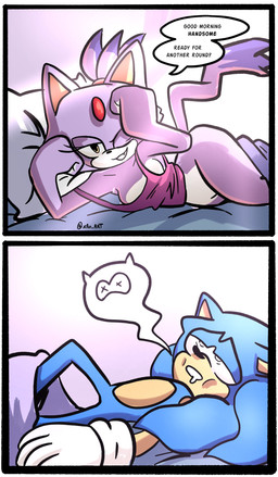 anthro bedroom bedroom_eyes clothing death_by_snu_snu drained duo female hero humor male male/female morning_after narrowed_eyes nightwear oversized_clothing princess royalty seductive smile speech_bubble wide_hips xao_art guy_tired_after_sex_(meme) sega sonic_the_hedgehog_(series) blaze_the_cat sonic_the_hedgehog domestic_cat eulipotyphlan felid feline felis hedgehog mammal absurd_res comic hi_res