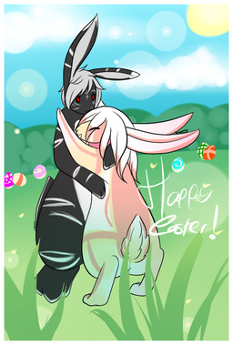 anthro border duo egg female feral grass heart_symbol holidays love male plant sun text white_border lapinousmalice easter lagomorph leporid mammal rabbit 2011 english_text