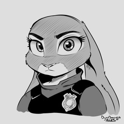 anthro clothed clothing countershading ears_down eyebrows eyelashes female frown fur glistening glistening_eyes long_ears looking_at_viewer on_model pivoted_ears police police_badge police_uniform pupils text thick_eyebrows uniform conditional_dnp digitaldomain123 disney zootopia judy_hopps european_rabbit lagomorph leporid mammal oryctolagus rabbit 1:1 2025 absurd_res artist_name bust_portrait greyscale hi_res monochrome portrait signature