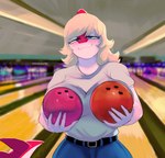 anthro big_breasts blonde_hair blue_eyes bottomwear bowling_alley bowling_ball breasts clothing denim denim_bottomwear denim_clothing detailed_background eyelashes female fingers hair inside jeans long_tail looking_at_viewer multicolored_body multicolored_scales pants red_body red_scales scales smile snout solo spikes spikes_(anatomy) tail two_tone_body two_tone_scales white_body white_scales deadassspider cavemanon_studios i_wani_hug_that_gator mia_moretti dinosaur hadrosaurid ornithischian ornithopod parasaurolophus prehistoric_species reptile scalie 2023 artist_name digital_drawing_(artwork) digital_media_(artwork) hi_res watermark