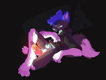 animal_genitalia anthro balls black_background black_body black_fur blue_hair bottomless bottomless_anthro bottomless_male clothed clothing fully_sheathed fur genitals hair half-closed_eyes lamp lava_lamp male multicolored_body multicolored_fur narrowed_eyes sheath simple_background smile solo two_tone_body two_tone_fur white_body white_fur xing1 canid canine canis domestic_dog mammal 4:3 hi_res