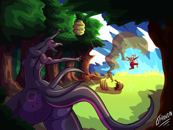 ambiguous_gender anthro bee_sting beehive big_butt breasts bubble_butt butt cross-popping_vein detailed_background duo_focus exclamation_point female feral grass group huge_butt nude plant swarm tail throwing tree othoxon nintendo pokemon arthropod bee blaziken generation_3_pokemon generation_7_pokemon hymenopteran insect pokemon_(species) salazzle 4:3 absurd_res digital_media_(artwork) hi_res