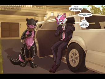 anthro barefoot bdsm biped black_bars bodysuit car clothed clothing collar detailed_background dialogue drone duo eyewear feet fur glasses glistening latex male multicolored_body multicolored_fur pink_body pink_fur skinsuit speech_bubble suit_and_tie text tight_clothing toysuit two_tone_body two_tone_fur vehicle white_body stripedcrocodile laguna_crale badger mammal mustelid musteline otter 2026 digital_drawing_(artwork) digital_media_(artwork) english_text hi_res letterbox