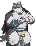 anthro apple asian_clothing black_nose bulge clothing coat_cape east_asian_clothing food fruit fundoshi humanoid_hands japanese_clothing knife male pecs plant simple_background solo underwear white_background ayame42612 lifewonders tokyo_afterschool_summoners horkeu_kamui_(tas) canid canine canis mammal wolf 2017