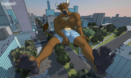 2_horns 5_fingers 5_toes abs anthro barefoot blue_clothing bottomwear brown_body brown_fur brown_nipples building bulge city city_background cityscape clothed clothing countershade_feet countershading day destruction eyes_closed feet fingers foot_fetish foot_focus fur group horn humanoid_feet macro macro_male male male_anthro muscular muscular_anthro muscular_male nipples outside paws pecs plant plantigrade sitting soles solo tail tail_tuft toes topless topless_anthro topless_male tree tuft underwear underwear_only white_horn patoso bovid bovine cattle mammal digital_media_(artwork) hi_res