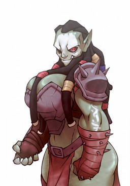 big_breasts black_hair breasts cleavage clothed clothing female hair looking_at_viewer muscular muscular_female muscular_humanoid not_furry red_eyes smile solo bigdad humanoid orc 2017 hi_res