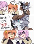 anthro clothed clothing female hair hat headgear headwear humor male map oblivious orange_eyes orange_hair pink_hair purple_eyes text unknown_artist fate_(series) type-moon mash_kyrielight patxi_(fate) ritsuka_fujimaru canid canine canis human mammal wolf yaga comic english_text hi_res