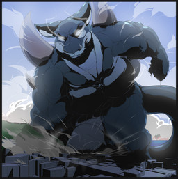 anthro balls city damage destruction genitals hyper looming macro male muscular nude penis solo tail megfluff mythology dragon mythological_creature mythological_scalie scalie hi_res