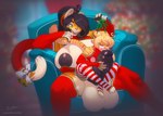 2022 4_toes 5_fingers ahoge anthro areola armwear balls big_balls big_breasts big_penis black_areola black_hair black_nipples black_penis blonde_hair blurred_background bonk breasts chair christmas clothing digital_media_(artwork) duo feet felid femboy fingers foot_on_balls foreskin furgonomics furniture genitals green_eyes gynomorph gynomorph/male hair hi_res holding_object holidays huge_balls huge_breasts huge_penis humanoid_genitalia humanoid_penis intersex intersex/male larger_anthro larger_gynomorph larger_intersex legwear licking long_hair male mammal mistletoe mostly_nude nipples oral pantherine pattern_clothing pattern_legwear penile penis penis_lick plant red_armwear red_clothing red_legwear sex short_hair signature sitting size_difference smaller_anthro smaller_male smile striped_clothing striped_legwear stripes tail tail_clothing text tiger toeless_legwear toes tongue tongue_out url zen_(znr) zhali