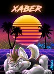 anthro badge grid licking licking_lips male palm_tree plant retro solo sun sunset synthwave tongue tongue_out tree ironraptor canid canine mammal 2021