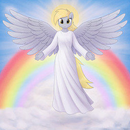 anthro blonde_hair clothing cloud dress eyelashes feathered_wings feathers female flying hair halo long_hair looking_at_viewer rainbow sky smile solo spread_wings sun wings yellow_eyes irisarco friendship_is_magic hasbro my_little_pony mythology derpy_hooves_(mlp) equid equine mammal mythological_creature mythological_equine pegasus 1:1 2021 absurd_res hi_res