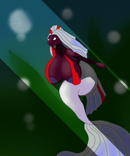 anthro big_breasts breasts bubble female fin gills hair happy huge_breasts hyper hyper_breasts light long_hair looking_away membrane_(anatomy) nipples nude shadow smile solo split_form swimming underwater water signum-factorem aquatic fighting_fish_merfolk fish merfolk scalie 5:6 digital_media_(artwork) hi_res