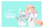 anthro blue_background border clothed clothing dessert duo food fully_clothed fur grey_body grey_fur holding_food holding_object ice_cream ice_cream_cone orange_body orange_fur simple_background text white_border strawberry628_(artist) disney zootopia judy_hopps nick_wilde canid canine fox lagomorph leporid mammal rabbit red_fox true_fox 2016 english_text