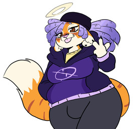 4_fingers anthro beanie big_breasts blep breasts brown_eyes bulge clothed clothing dipstick_tail dreadlocks ear_piercing fingers fur gesture gynomorph halo hand_gesture hand_in_pocket hat headgear headwear hoodie intersex leggings legwear looking_at_viewer markings orange_body orange_fur piercing pockets shirt simple_background solo striped_markings striped_tail stripes t-shirt tail tail_markings tongue tongue_out topwear v_sign white_background anaugi mae_(cinnslurpssoda) felid mammal pantherine tiger 2024 absurd_res hi_res