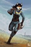 anthro black_hair clothed clothing female fur gun hair handgun holding_gun holding_object holding_ranged_weapon holding_weapon humanoid_hands orange_body orange_eyes orange_fur ranged_weapon solo weapon hitmore fallout microsoft canid canine fox mammal 2019 digital_media_(artwork) hi_res