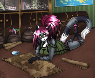 accessory amethyst_(gem) anthro bag barefoot biped book bookshelf clothed clothing coin compass emerald_(gem) eyelashes feet female fluffy fluffy_tail fur furniture gem gold_(metal) gold_coin grey_body grey_fur hair hair_accessory hairband inside jewelry long_hair lying map multicolored_body multicolored_fur necklace on_front panties pawpads paws pearl_(gem) pearl_necklace pencil_(object) pink_hair pink_nose pink_pawpads pink_tongue purple_hair ruby_(gem) sapphire_(gem) scroll shirt solo striped_body striped_fur stripes tail tongue tongue_out topwear treasure treasure_chest treasure_map underwear white_body white_fur yellow_eyes eliana-asato amilia felid mammal 2015