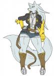 anthro big_breasts big_tail boots bottomwear breasts bullet clothed clothing collar female footwear fur hair inner_ear_fluff jacket long_hair long_tail looking_at_viewer muscular muscular_anthro muscular_female navel scar shoes shorts simple_background small_waist solo standing tail topwear tuft white_background wide_hips yellow_eyes rakkuguy arc_system_works blazblue bullet_(blazblue) velvela canid canine canis mammal wolf hi_res