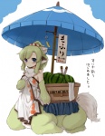 beach_umbrella blue_eyes blush chest_tuft female food fruit fur green_hair hair looking_at_viewer melon parasol plant solo text tuft vendor watermelon 7010 forest_of_pixiv humanoid_taur mammal taur japanese_text translation_request