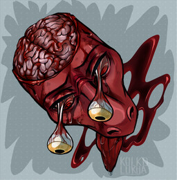 anthro blind blood bodily_fluids brain corpse death death_focus decapitation disability female gore organs red_body solo surgical_operation tongue tongue_out unsocketed_eye yellow_eyes kolkolukija kobold scalie absurd_res hi_res