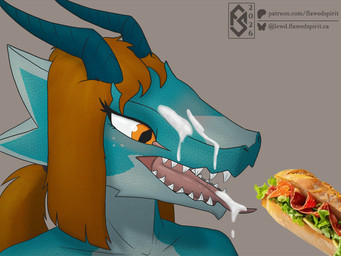 blue_horn blush bodily_fluids countershade_face countershade_torso countershading cum cum_in_mouth cum_inside cum_on_face cum_on_tongue female food genital_fluids hair horn looking_at_object narrowed_eyes nude open_mouth orange_eyes orange_hair sandwich_(food) simple_background solo tail teal_body teal_scales teeth text tongue flawedspirit mythology sandwich_censorship selena_(flawedspirit) dragon mythological_creature mythological_scalie scalie 2026 4:3 digital_drawing_(artwork) digital_media_(artwork) shaded url
