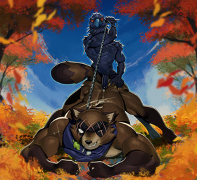 anthro ass_up autumn_leaves beak black_body black_feathers bodily_fluids brown_body brown_fur chain chain_leash cum cum_on_back eye_scar facial_scar feathers fur genital_fluids genitals holding_leash holding_object hot_dogging humanoid_genitalia humanoid_penis interspecies jack-o'_pose leash male muscular muscular_anthro muscular_male nude_male outside penis pose red_eyes scar sex solo tail white_eyes x_scar royer27_xd epic_games fortnite hajime_(fortnite) karasu_(fortnite) avian bird canid canine corvid corvus_(genus) crow mammal oscine passerine raccoon_dog tanuki absurd_res hi_res