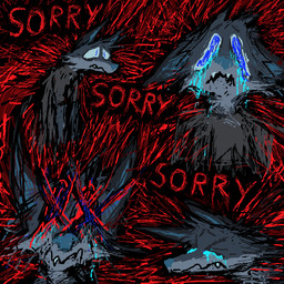 abstract_background anthro apologetic apology blue_body blue_fur bodily_fluids clothing crying fur grey_body grey_clothing grey_fur grey_shirt grey_topwear male red_text sad shirt solo tears text topwear vent_art demensa emil_(demensa) canid canine canis coyote domestic_dog hybrid mammal 1:1 2023 english_text hi_res