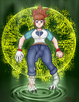 body_part_growth breast_expansion breasts bulge clothing expansion female forced forced_transformation genital_growth growth intersex penis_growth solo species_transformation technology torn_clothing transformation thephantompornographer bandai_namco digimon rika_nonaka digimon_(species) humanoid renamon 2022 absurd_res full-length_portrait hi_res portrait