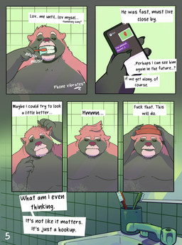 anthro bathroom black_body black_fur brush cellphone electronics fur male overweight overweight_male phone phone_screen profanity red_body red_eyes red_fur sink smartphone solo teeth text toothbrush almostabull ailurid mammal red_panda comic english_text hi_res