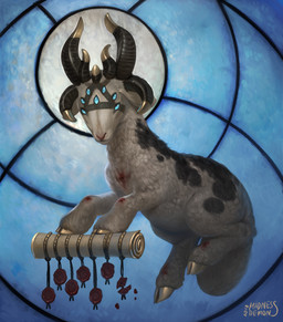 7_eyes 7_horns abstract_background arm_wound blood blue_eyes bodily_fluids chest_wound cloven_hooves facial_markings feral floating fur gold_(metal) gold_hooves head_markings hooves horn leg_wound male male_feral markings multi_eye multi_horn quadruped religion scroll simple_background solo tail unguligrade wax_seal white_body wool_(fur) wounded madness_demon bible christianity jesus_christ bovid caprine mammal sheep 2018 dated signature