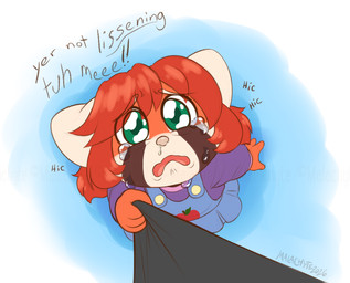 anthro biped bodily_fluids clothed clothing crying dialogue dress eyebrows female frown hair looking_at_viewer open_frown open_mouth overall_dress pink_nose red_hair shirt short_hair simple_background solo standing talking_to_viewer tears text toddler topwear tugging_clothing young young_anthro young_female malachyte ailurid mammal red_panda 2026 english_text
