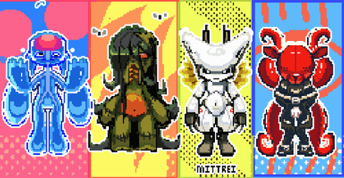 abstract_background ambiguous_gender black_clothing black_suit blue_goo blue_slime bouncing brain clothing glistening glistening_body green_hair group hair machine mouth_closed navel orange_teeth organs outline red_body red_tentacles slime standing suit teeth tentacles text white_body white_outline wings yellow_wings boxwater rits_(boxwater) tyrant_(boxwater) ambient_arthropod ambient_fly ambient_insect android demon humanoid monster monstrous_humanoid robot 2025 animated artist_name digital_media_(artwork) loop pixel_(artwork) pixel_animation